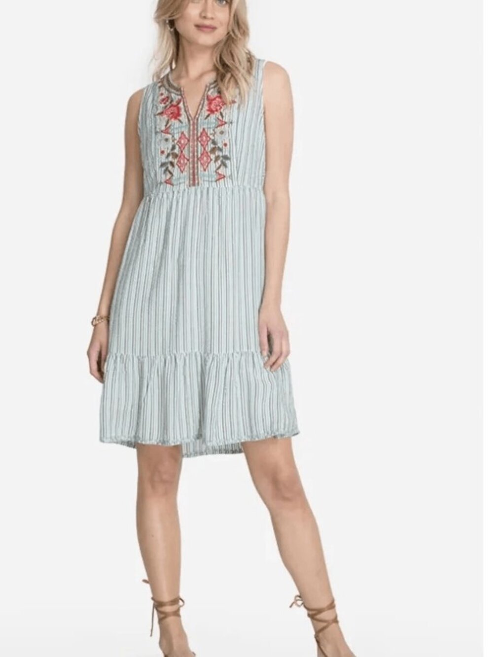 JOHNNY WAS Cyrielle Boho Emboidered Tank Dress XL Striped Floral Blue Green Pink